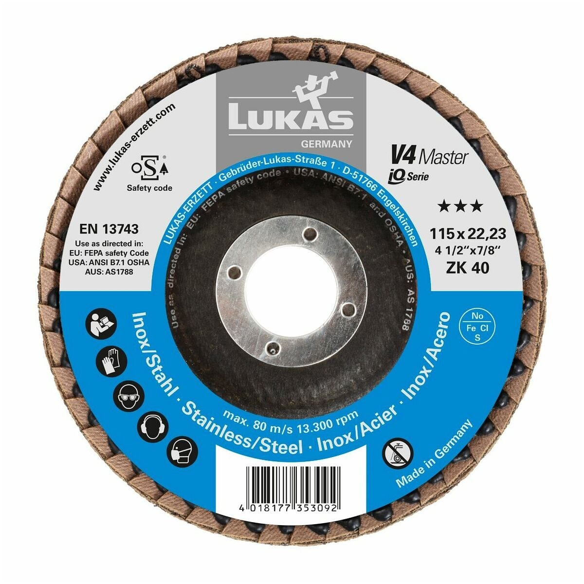 Lamellilaikka V4 Master (ZA), lasikuitualusta, kupera teräkselle ja ruostumattomalle teräkselle ⌀ 115 mm 40