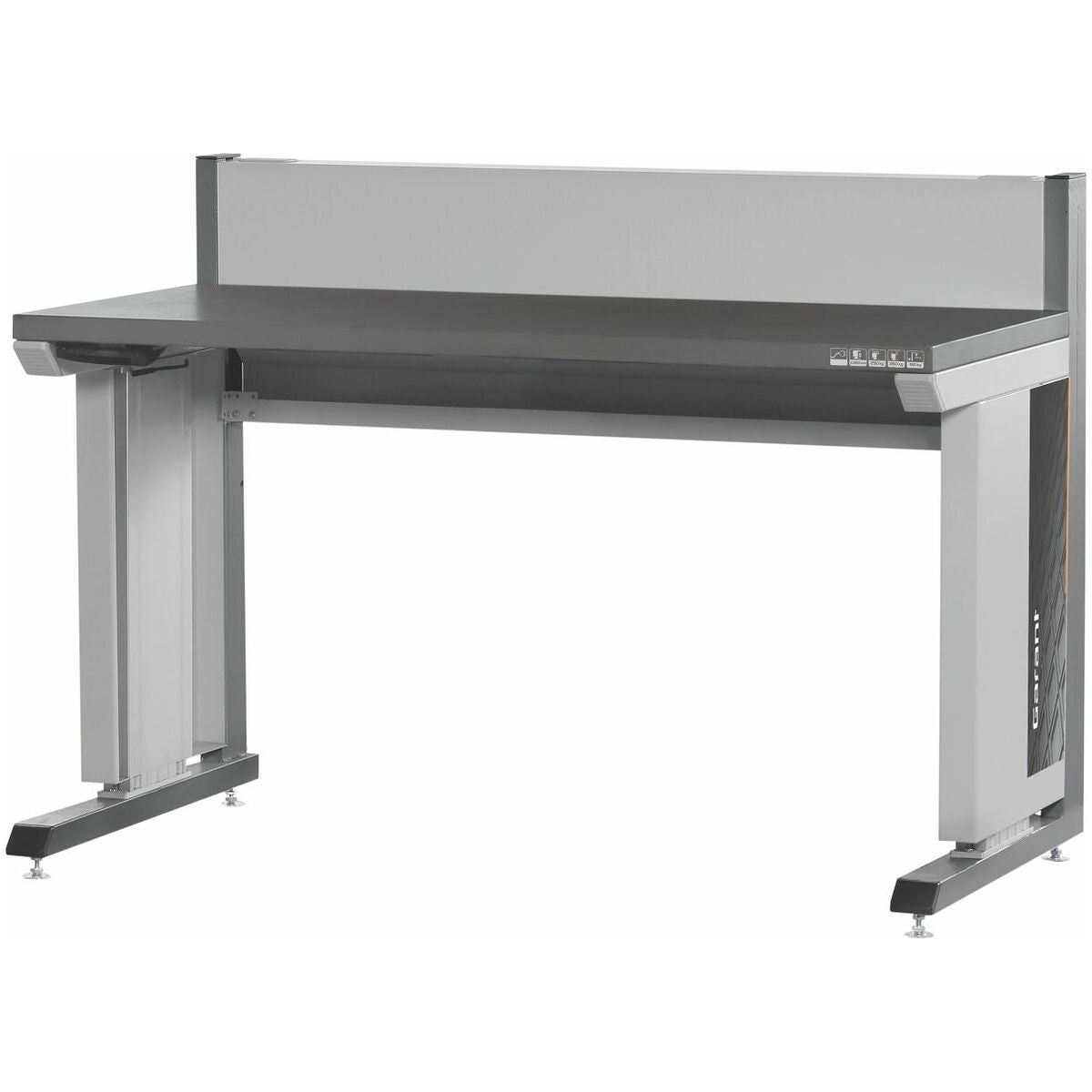 Workstation eLevel+ tummanharmaalla Eluplan-levyllä