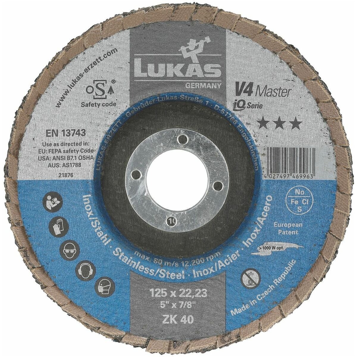 Lamellilaikka V4 Master (ZA), lasikuitutausta, kupera teräkselle ja ruostumattomalle teräkselle ⌀ 125 mm 40